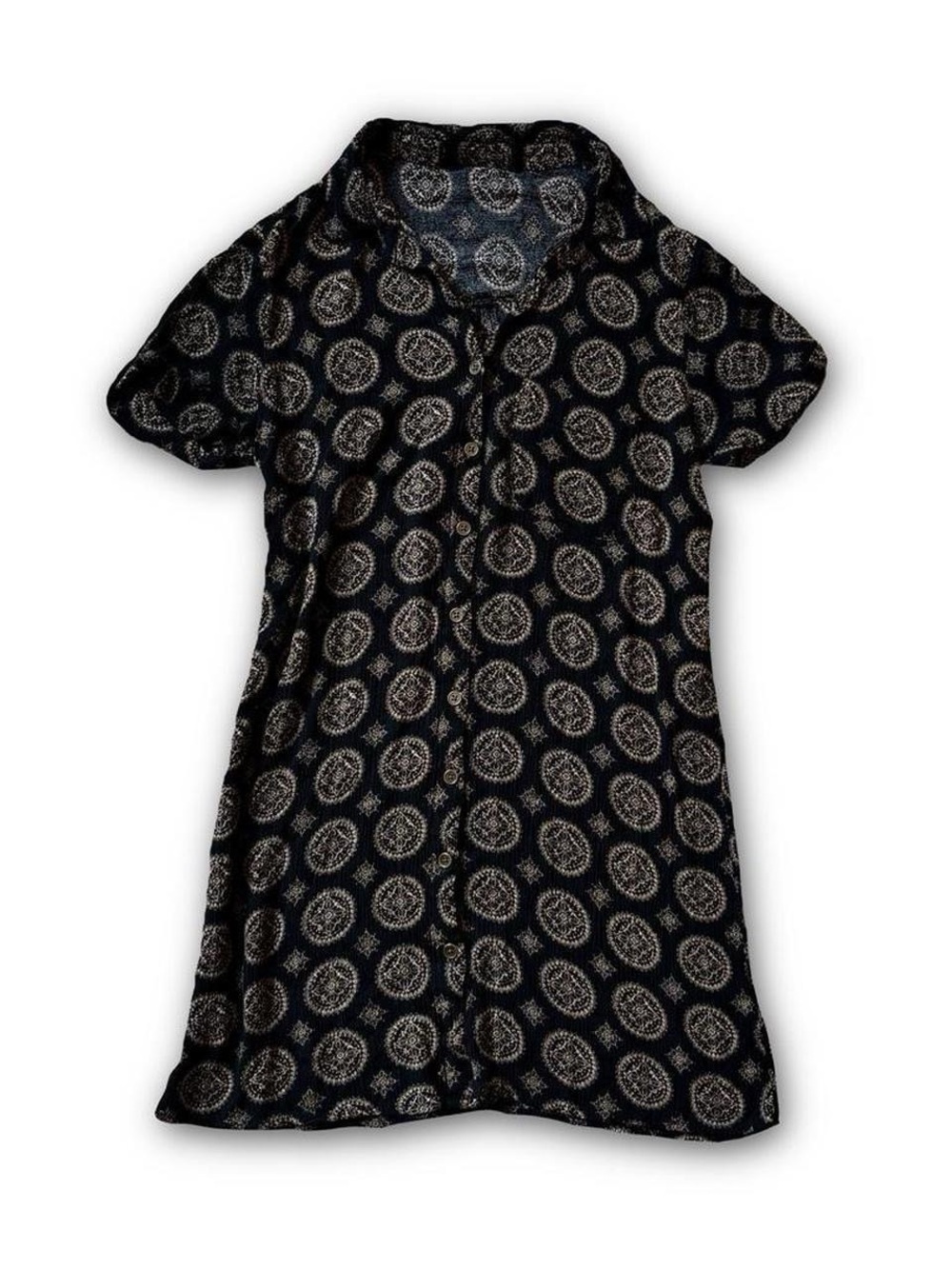 Black Short Sleeve Button Front Dress with Cream Medallion Mandala Print